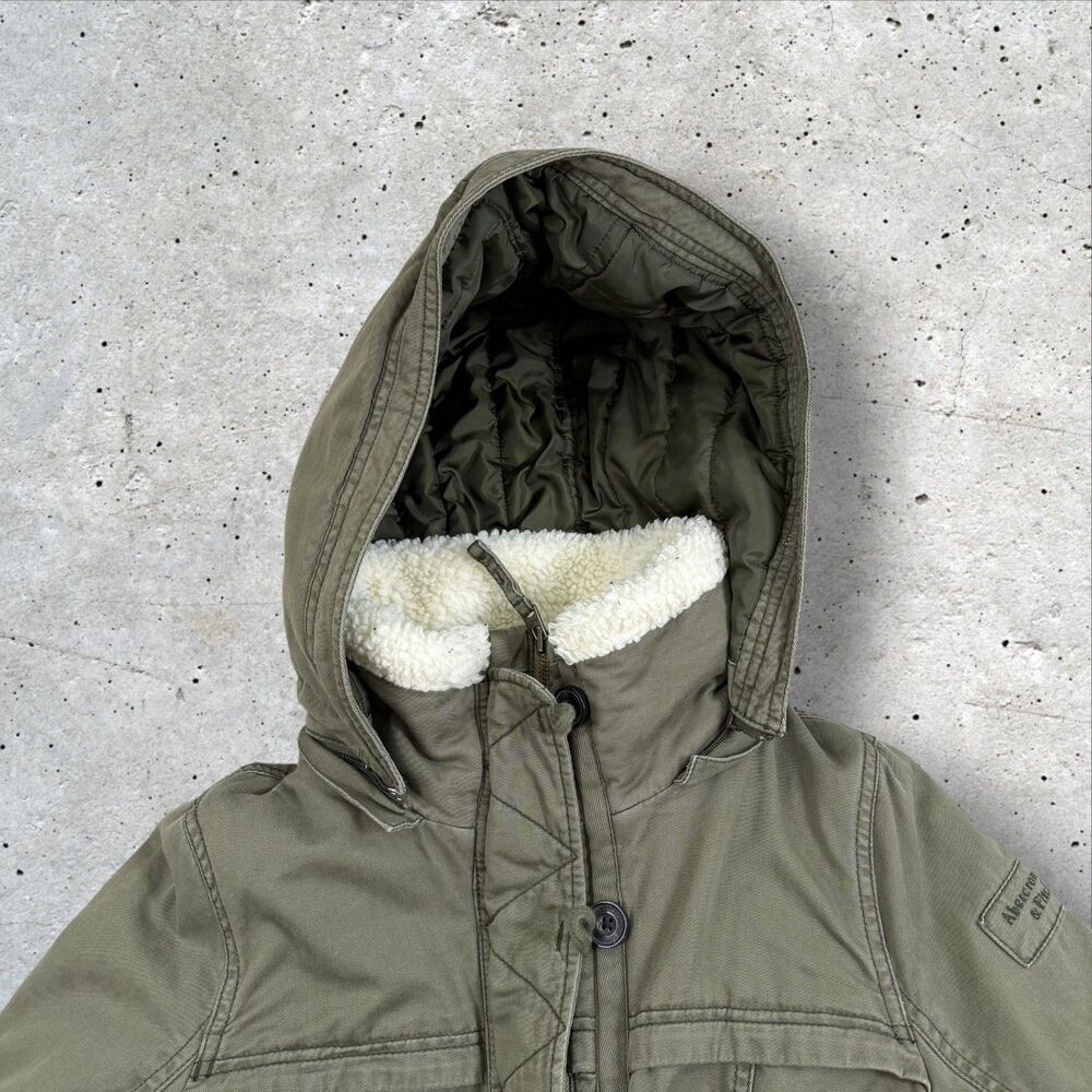 Abercrombie & Fitch Womens Small Olive Green Sherpa Lined Hooded Military Parka - Picture 10 of 10